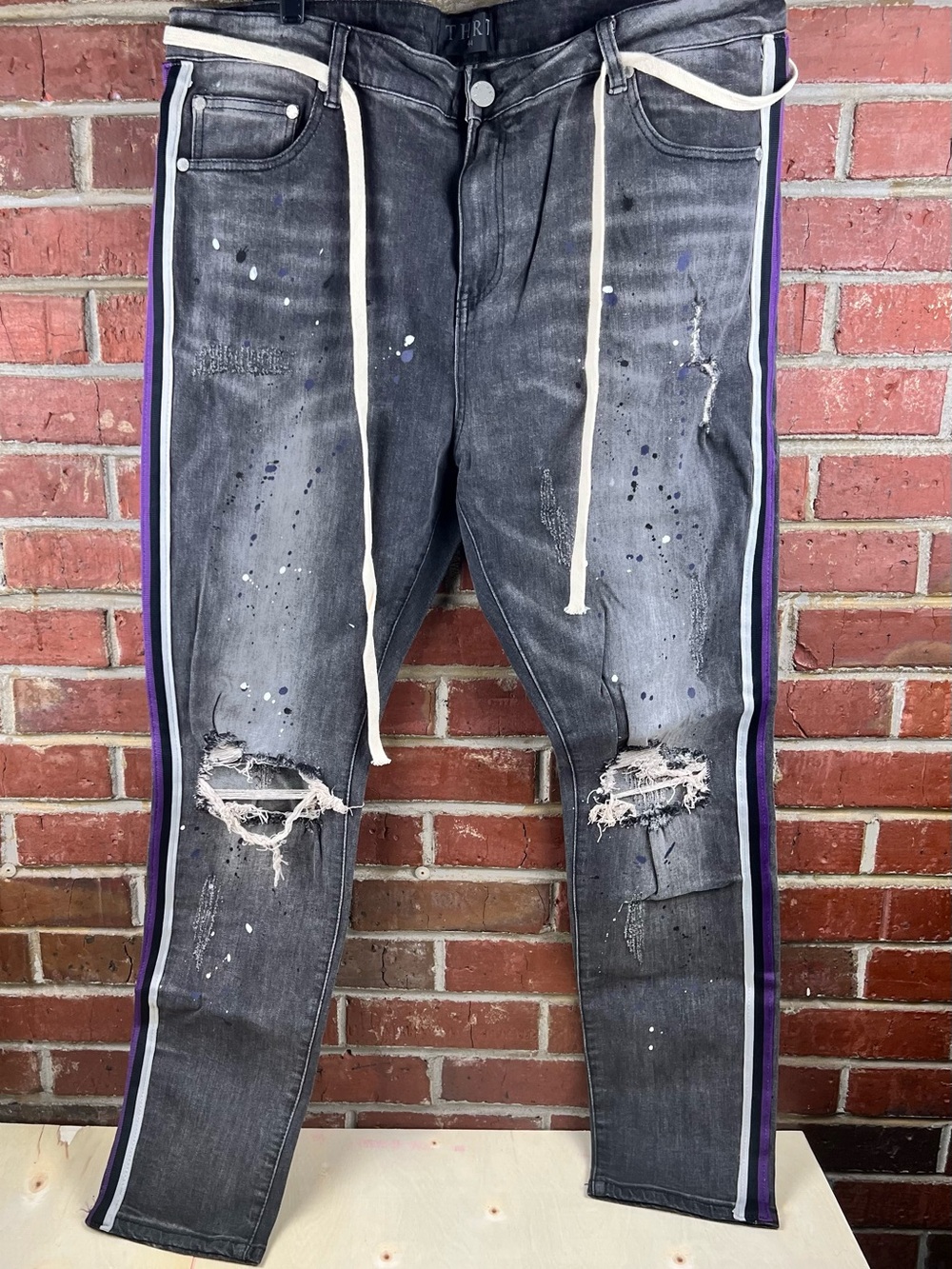 THRT Raven Denim Jeans Black/Purple Stripe Splatter Size 44 Men